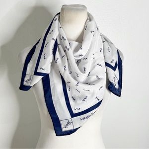 【新品】 YvessaintLauren YSL scarf スカーフ　silk Vintage YSL Yves Saint Laurent Logo Navy Blue White Silk